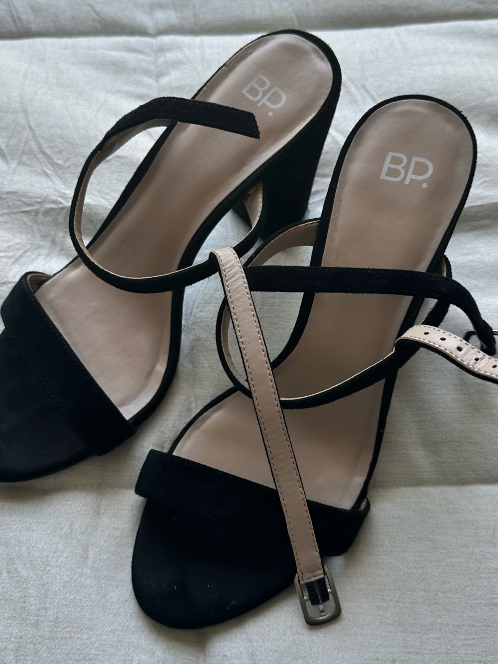 bp Black Suede Block Heel Sandals with Beige Ankle Strap